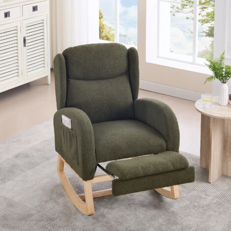 Schaukelstuhl, Stillstuhl, Lounge-Sessel mit Holzgestell, verstellbare Fußstütze, hohe Rückenlehne, Teddy-Stoff, mit Tasche, bequemer Akzentstuhl für Schlafzimmer und Wohnzimmer, Grün