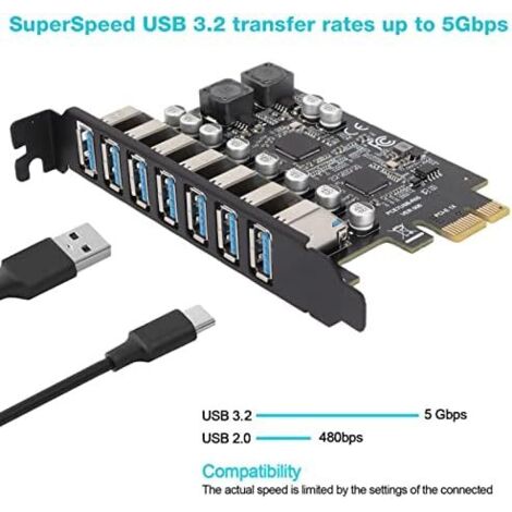 Scheda di espansione PCIE a USB 3.2 a 7 porte, scheda di espansione pannello frontale USB 3.2 Superspeed 5 Gbps, scheda di espansione USB PCIE, convertitore hub USB3 interno per Win XP Win7 Win 8 Win 