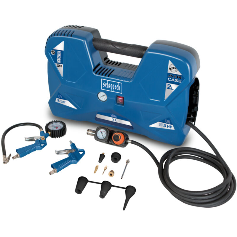 Scheppach - Compresseur portatif Aircase – 1100 w – 8 bar de pression – Forte admission d'air de 180 l/min – 2l de réservoir – Mobile et portable –