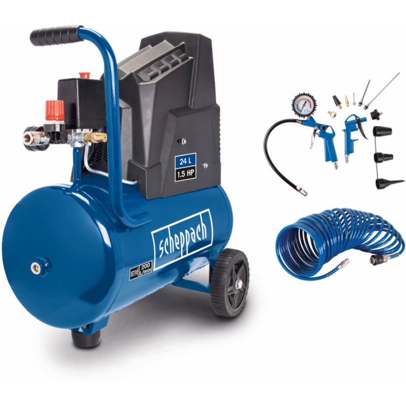 Compresseur à air HC30o - 1100 w - Admission d'air 200 l/min - Cuve de 24 l - 8 bar - Sans huile & longue durée de vie - Avec 13 accessoires inclus
