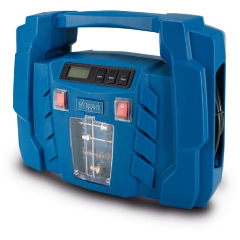 Scheppach Compresseur d’air portatif Airforce5 - 150W - raccordement 12V / 230V - Affichage digital - 8 bar de pression - admission d'air de 36,5 l/min - Accessoires inclus