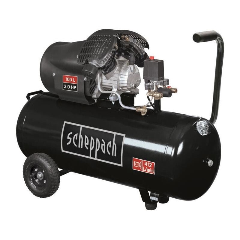 Compresseur horizontal bi-cylindre lubrifie 100L 10 bar 3CV, 2 manometres et 2 raccords rapides - HC110DC Black Edit - Scheppach