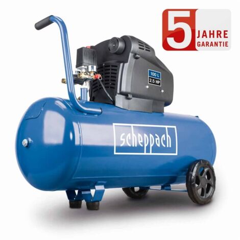 Scheppach – Horizontaler Kompressor 100L – 2,5 PS – Fördermenge 322 L/min – Maximaldruck 10 bar – Leise mit Gummifüßen – Mobil mit Rädern