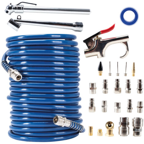 Scheppach – Kit d'accessoires pneumatiques 25 pièces – Tuyau spiralé PE 7,5 m – Gonfleur avec manomètre – Pistolet à soufflage – Raccords rapides R 1/4"