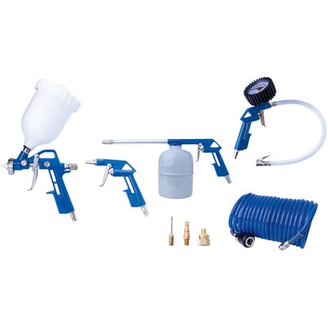 Scheppach Kit de 8 accessoires pneumatiques - Pistolet à peinture et pistolet de nettoyage, manomètre, soufflette, tuyau spiralé et 3 embouts de gonflage