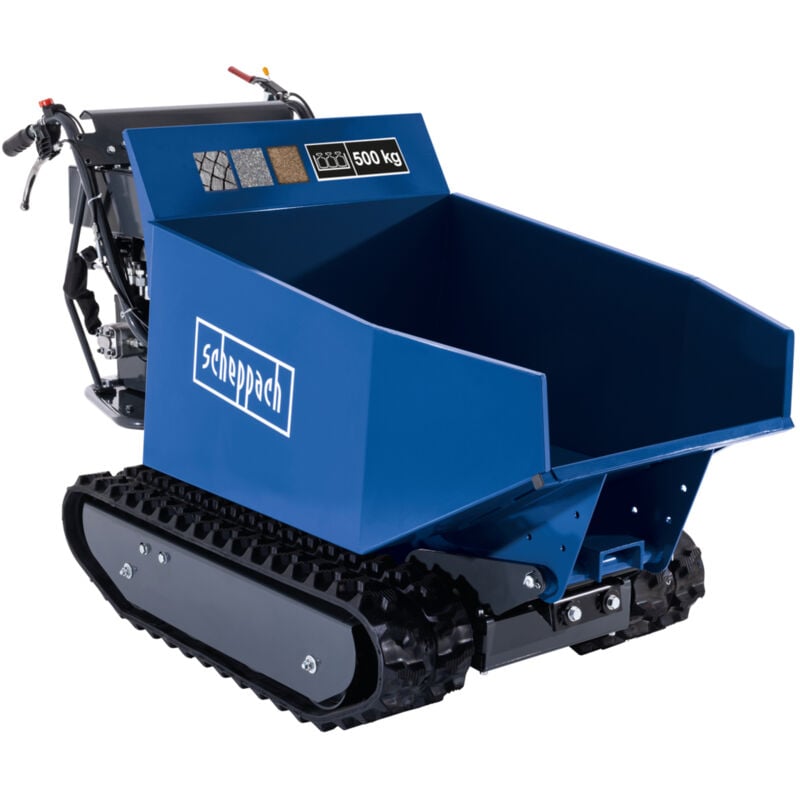 Scheppach Dumper - Benne motorisée thermique sur chenilles DP5000 - Charge maximale de 500kg - 5,5 CV - Moteur 4T de 196cm3 - 3x marche avant / 1x