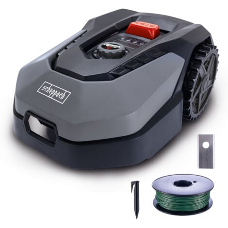 Scheppach Robot tondeuse XXL900 – RobotCut – Jardins jusqu’à 900m² – Largeur de coupe de 18 cm – Hauteur de coupe réglable – Pentes 35% – Protection antivol – Capteur de pluie – Accessoires inclus