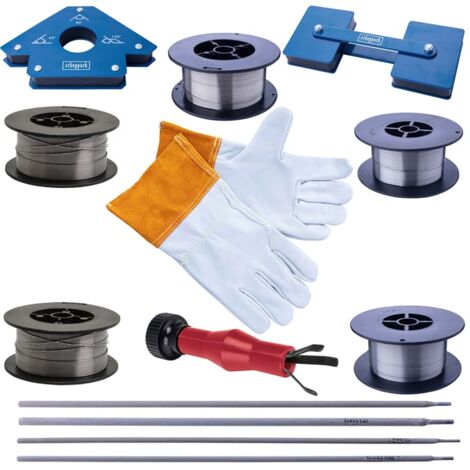 Scheppach Schweißer-Set, Schweißmagnet, Elektroden-Set, Handschuhe, Fülldraht
