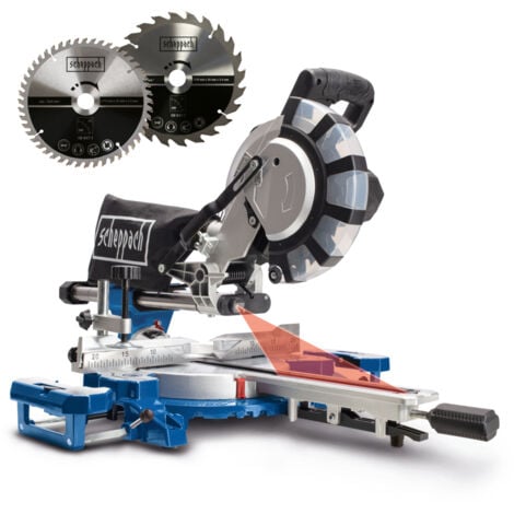 Scheppach Scie à onglet radiale HM216SPX - 2000 W - Ø 210 mm - 4800 tr/min - 65 cm hauteur de coupe - 34 cm largeur de coupe - Avec laser, supports en alu - Table mobile - 2 lames fournies