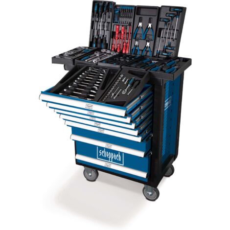 Scheppach Servante d'atelier TW1000 Set d'outils - Chariot d'outillage avec 4 roulettes - 263 pièces incluses - Verrouillable et Mobile - 7 tiroirs
