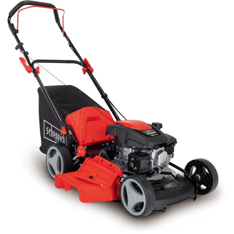 Scheppach - Tondeuse à gazon à essence MP150-46 – Moteur à essence 4 temps 3,5 cv – Largeur de coupe 46 cm – 8 hauteurs de coupe – Bac de 55 l –