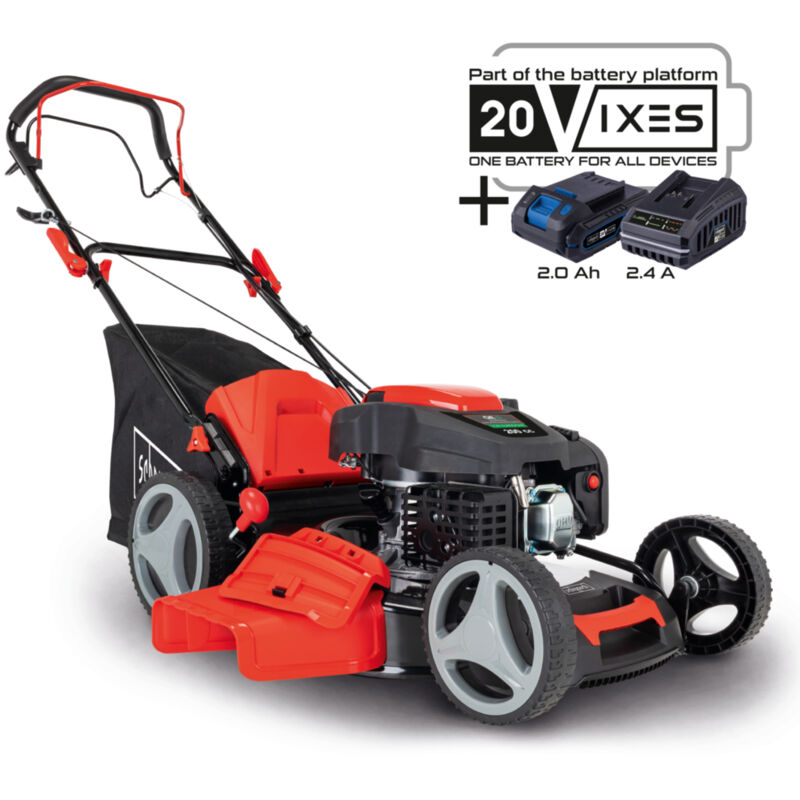 Scheppach Tondeuse à gazon à essence MS200-51E – Tondeuse hybride à démarrage électrique – 5,2 CV / 3,8 kW – Largeur de coupe 51 cm – Bac de 65 l –