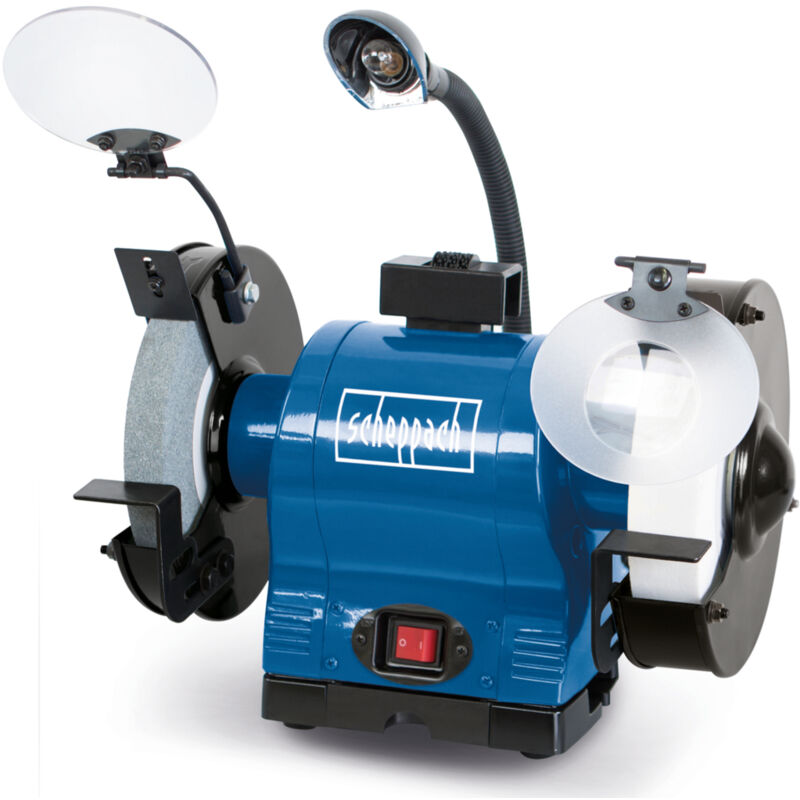 Scheppach - Touret Mixte BG200AL - 4903106901-9930 - 550W - Meules Ø200mm - Grain 60 et 100 - Pare-étincelles - Porte-outils réglables - Réservoir