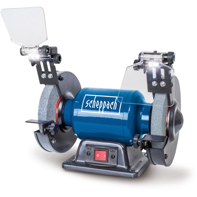 Scheppach - Touret Mixte SM150L - Puissance 400W - Meules en grain 36 et 60 Ø150mm - Brosse métallique de Ø150mm - Pare-éclats ajustables - led