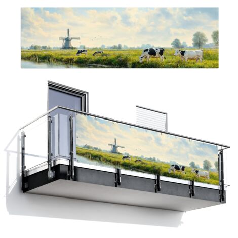 SCHERMO PER LA PRIVACY DEL BALCONE Mucche - Mulino a vento - Prato - Blu 300x95 cm