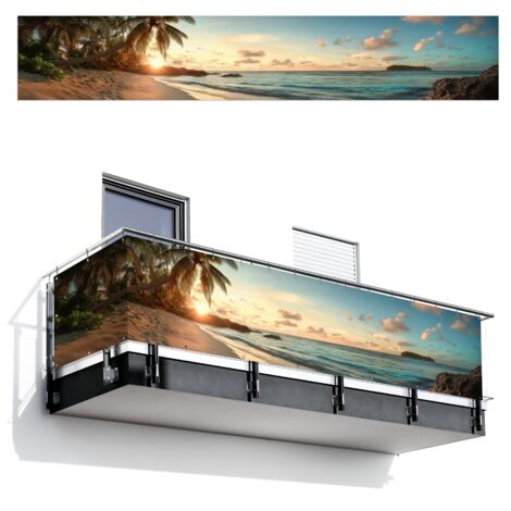SCHERMO PER LA PRIVACY DEL BALCONE Spiaggia - Palme - Oceano - Tramonto 500x90 cm