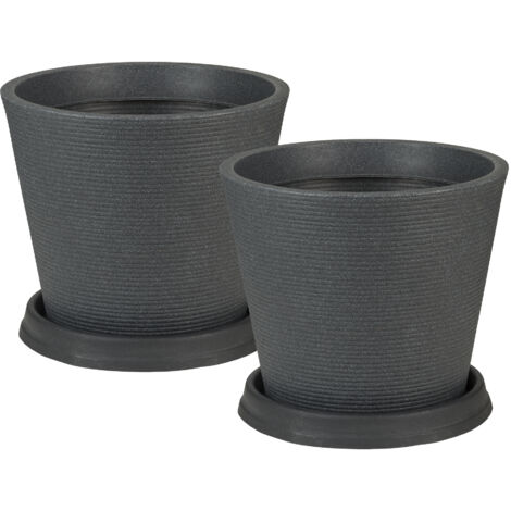 Scheurich 2er Set Blumentöpfe Coneo 40 mit Untersetzern, rund, aus Kunststoff Farbe: Schwarz-Granit, 38,5 cm Durchmesser, 33,2 cm hoch, 26 l Vol.