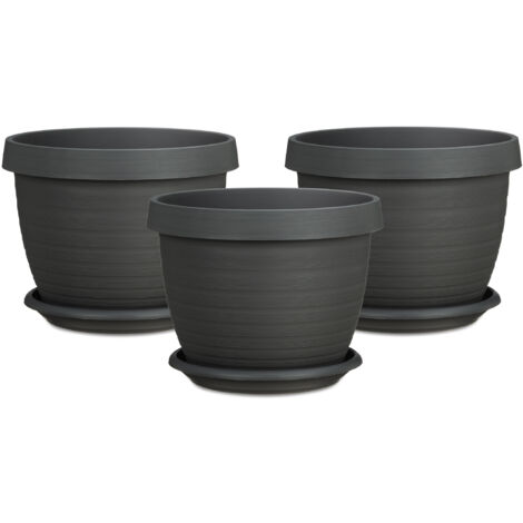 Scheurich 3er Set Blumentöpfe Country Star 40 mit Untersetzern, rund,  aus Kunststoff Farbe: Metallic Grey, 39 cm Durchmesser, 30 cm hoch, 21,5 l Vol.