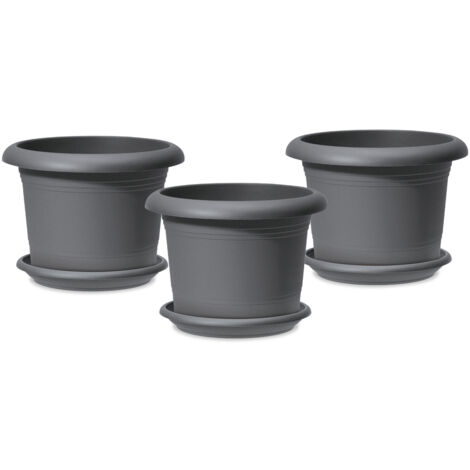 Scheurich 3er Set Blumentöpfe Oliver mit Untersetzern, Farbe: Metallic Grey, 40,4 cm Durchmesser, 28,1 cm hoch, 19,3 l Vol.