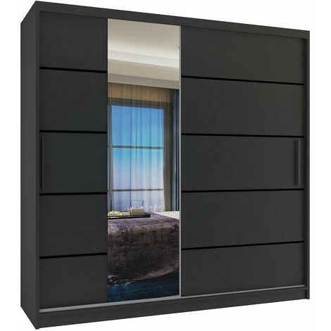 Schiebeschrank Belini 200 cm Mit Schubladen mit Spiegel schwarz Ebenholz dunkel Hersteller