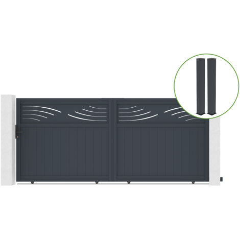 Schiebetor 3,7 m HALTI H.160 cm graues Aluminium + 2 Pfosten 20 x 20 cm H. 190 c