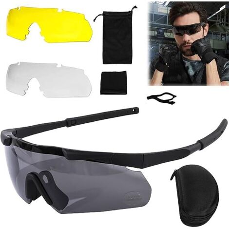 Schießbrille mit 3 Wechselgläsern, Schutzbrille mit beschlagfreien und kratzfesten klaren Gläsern, anpassbarer, schlagfester Augenschutz