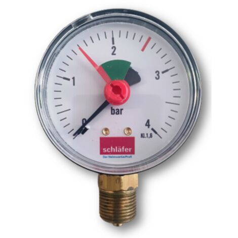 Schläfer 0930163  Manometro Idraulico verticale Attacco Radiale 1/4" Scala 0-4 Bar da 63 mm per Impianti Termici Aria Acqua Indicatore pressione idraulica