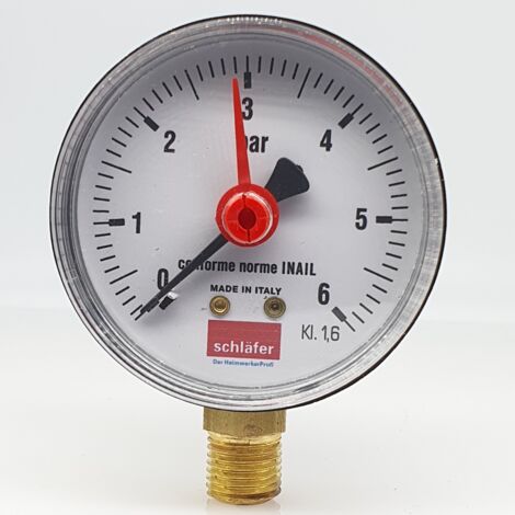 Schläfer 0930164  Manometro Idraulico Verticale con Attacco Radiale 1/4" BSP, Scala 0-6 Bar, Diametro da 63mm, Ideale per Impianti Termici Aria e Acqua, Indicatore di Pressione