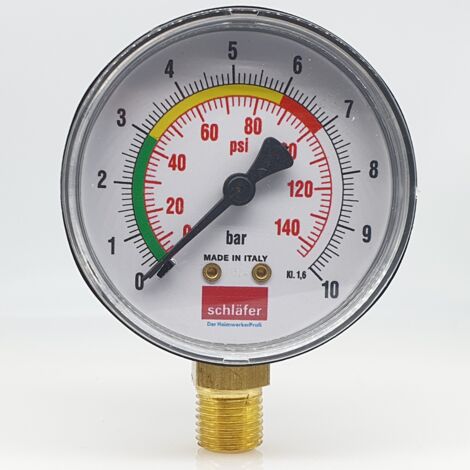 Schläfer 0930168  Manometro Idraulico Verticale Ø 63mm, Attacco Radiale 1/4", Scala di Misura 0-10 Bar, per Impianti Termici e Controllo Pressione di Aria e Acqua