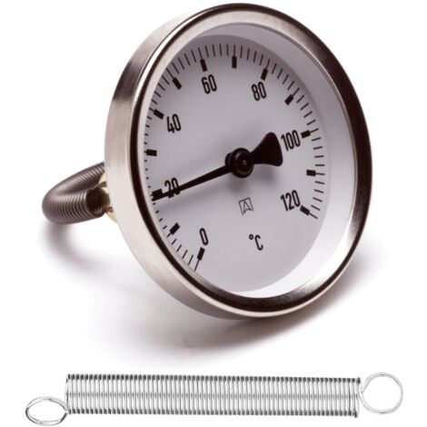 Schläfer 0930171  Termometro bimetallico a contatto per Tubi con clip Molla Bimetallica Acciaio Inossidabile, cassa diametro 63 mm scala 0-120 °C.