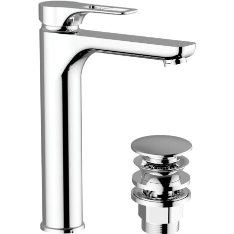Schläfer 27505013  Miscelatore Monocomando Lavabo Alto Bagno serie Flat con Scarico automatico Click Clack 1"1/4, Rubinetto Monoforo Lavandino Bagno cartuccia diam35mm Cromo Argento, Made in Italy