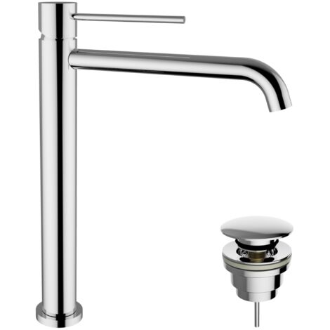 Schläfer 28505013  Miscelatore Monocomando per Lavabo Alto Bagno serie Fonte25 con Scarico click-clack 1"1/4, Rubinetto Monoforo Lavandino Bagno cartuccia diam25mm Cromo Argento, Made in Italy