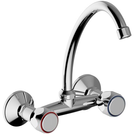 Schläfer 3431112  Rubinetto Lavello Cucina a Muro con 2 Manopole Tonde, Canna Girevole Universale a J da 150mm e Aeratore a Risparmio Idrico, Finitura Cromata
