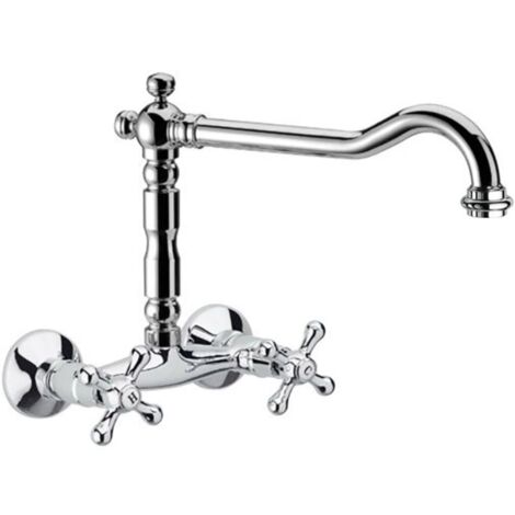 Schläfer 3460112  Rubinetto Lavello Cucina a Muro con 2 Manopole Stile Antico, Canna Girevole Universale a U da 200mm, Risparmio Acqua, Finitura Cromata, Design Vintage
