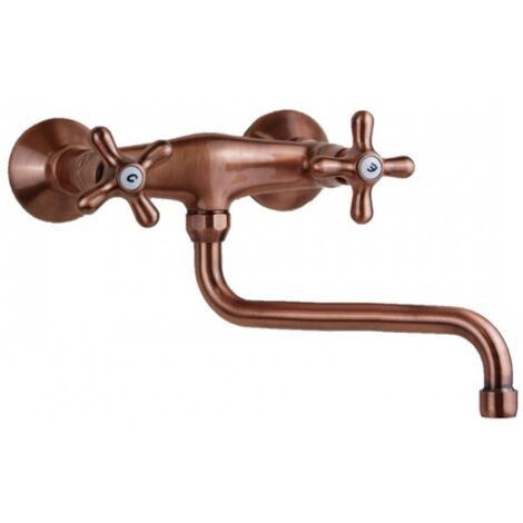 Schläfer 3460116 Rubinetto Lavello Cucina a Muro Stile Retrò, Perfetto Anche per Lavanderia e Bagno, Design Vintage con 2 Manopole e Canna Girevole a S, Design Rame Antico