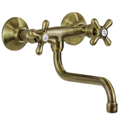 Schläfer 3460117  Rubinetto Cucina Gruppo Lavello a Muro manopola antica, Lavatoio Lavanderia e Lavabo Bagno da Parete, Canna Girevole Universale a "S" 200mm, Bronzo, Ottone Antico