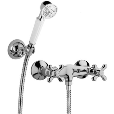 Schläfer 35601013  Rubinetto Esterno Doccia Vasca da Muro Vintage con 2 Manopole Antiche, Rubinetto in Ottone Stile Retro con Doccetta e Supporto Muro - cromo