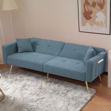 Schlafsofa – 175 x 64 x 72 cm – 2-Sitzer mit verstellbarer Rückenlehne und Aufbewahrungstaschen – Orene Füße – Antikblau