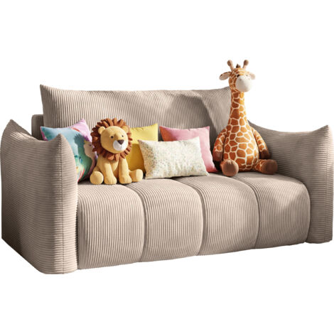 Schlafsofa 2-Sitzer mit Bettkasten – Ausziehbar Jugendsofa mit Schlaffunktion, Liegefläche 120 x 150 cm – für Jugendzimmer, Kinderzimmer und kleine Räume – Beige Cordstoff