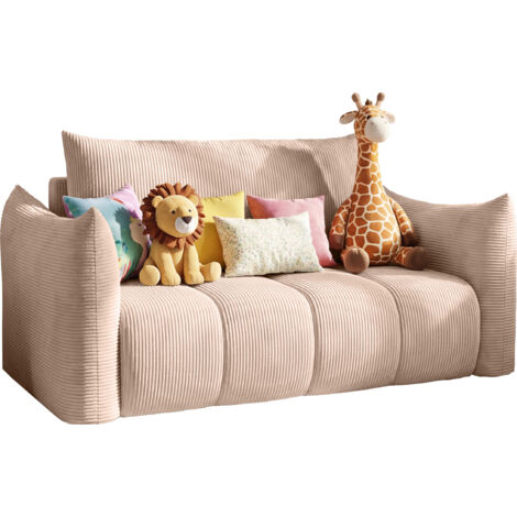 Schlafsofa 2-Sitzer mit Bettkasten – Ausziehbar Jugendsofa mit Schlaffunktion, Liegefläche 120 x 150 cm – für Jugendzimmer, Kinderzimmer und kleine Räume – Rosa Cordstoff