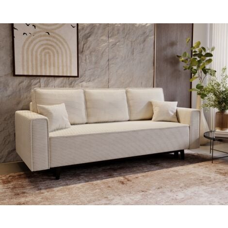 Schlafsofa 225 cm Nela - Klappsofa, Schlafcouch - Sofa mit Bettkasten, Skandinavischer Stil - Samtstoff (Beige - Lincoln 03)