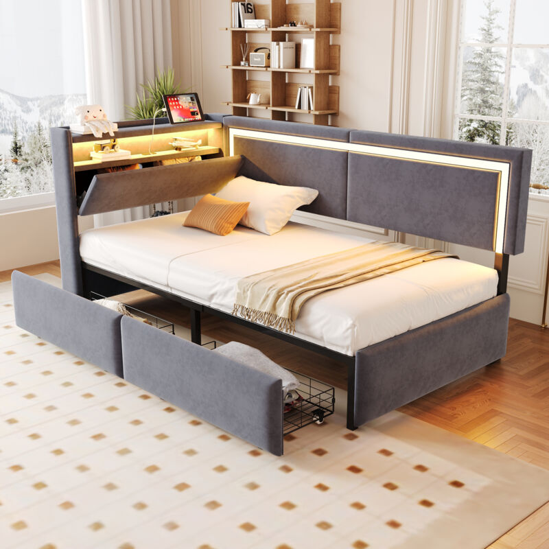 Modenvie Schlafsofa 90×200 Cm, Einzelbett Mit Led Verstellbar, Usb, Typ C Und Aufbewahrungsschublade, Ohne Matratze, Samt, Grau