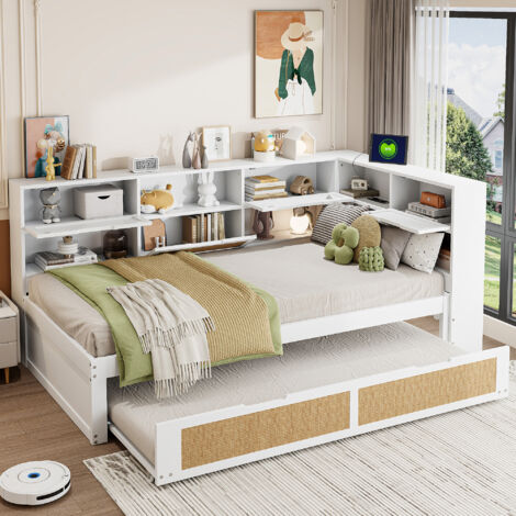 Schlafsofa 90x200 cm mit Ausziehbett, Einzelbett mit viel Stauraum und Ladeanschluss, Holz, weiß