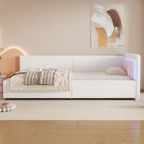 Schlafsofa 90x200cm mit LED-Beleuchtung und Fernbedienung, weißer Samtbezug (Matratze nicht im Lieferumfang enthalten)