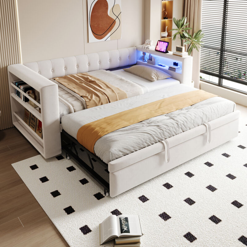 Mivray Schlafsofa Flannelette Beige 90/180x190 Cm Mit Led-beleuchtung, Steckdose Und Stauraum