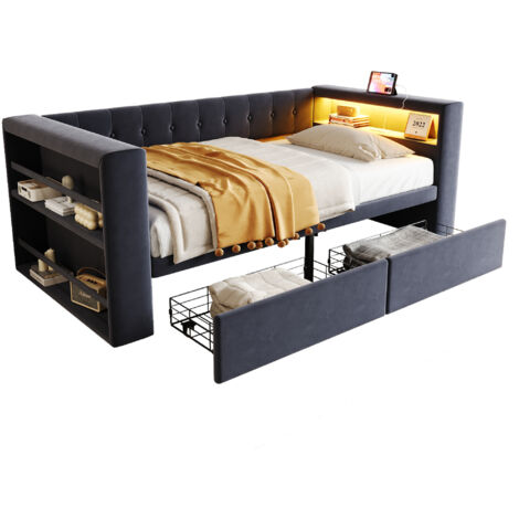 Schlafsofa Flannelette Dunkelgrau 90x190 cm mit LED, Steckdose und Stauraum