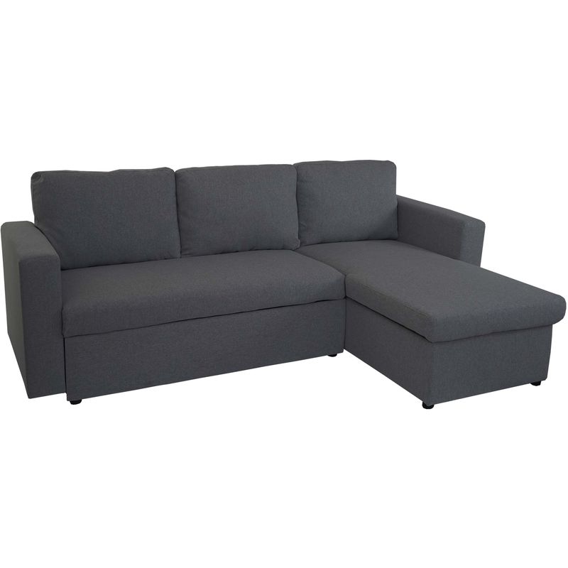 HHG - Schlafsofa 739, Couch Ecksofa Sofa, Schlaffunktion 220x152cm Stoff/Textil ~ dunkelgrau, ohne Deko-Kissen