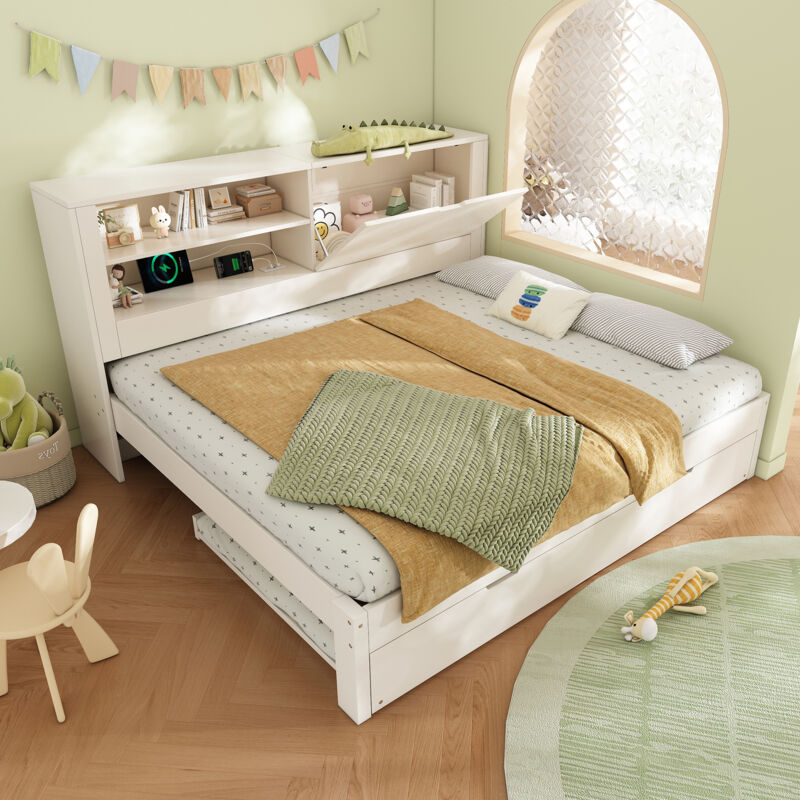 Mivray Schlafsofa Holz Weiß 140x190 Cm Mit Ausziehbett 90x190, Stauraum-rückwand, Usb/usb-c Und Lattenrost