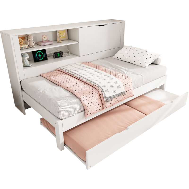 Mivray Schlafsofa Holz Weiß 90x200 Cm Mit Ausziehbett 90x190 Cm, Stauraum-rückwand, Usb/usb-c Und Lattenrost