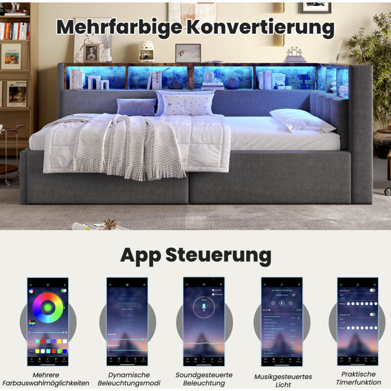 Mivray Schlafsofa Leinen Grau 90x200 Cm Mit Stauraum, Led-beleuchtung Und Usb-/typ-c-anschlüssen